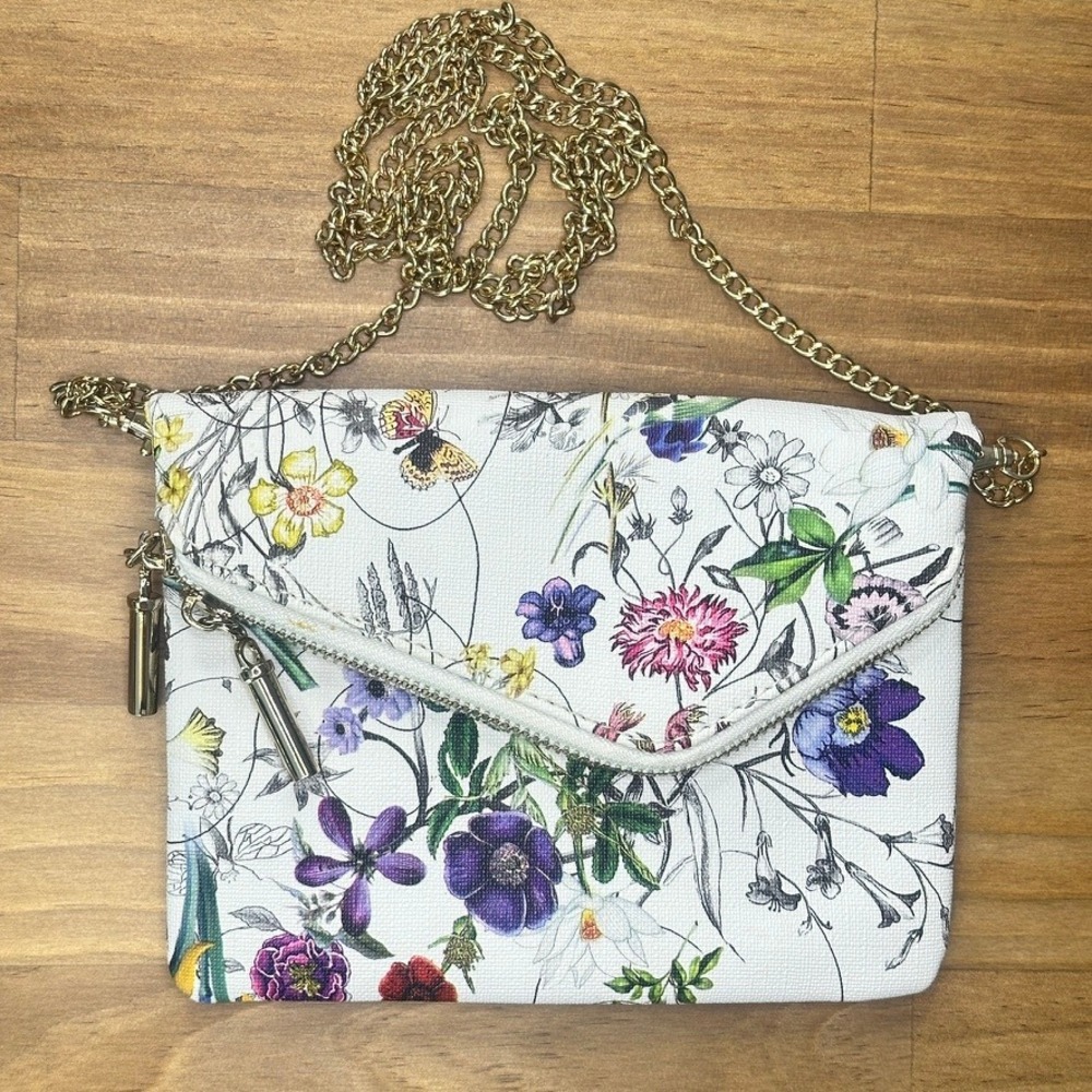 Floral Envelope Crossbody Bag White Botanical Print Gold Chain